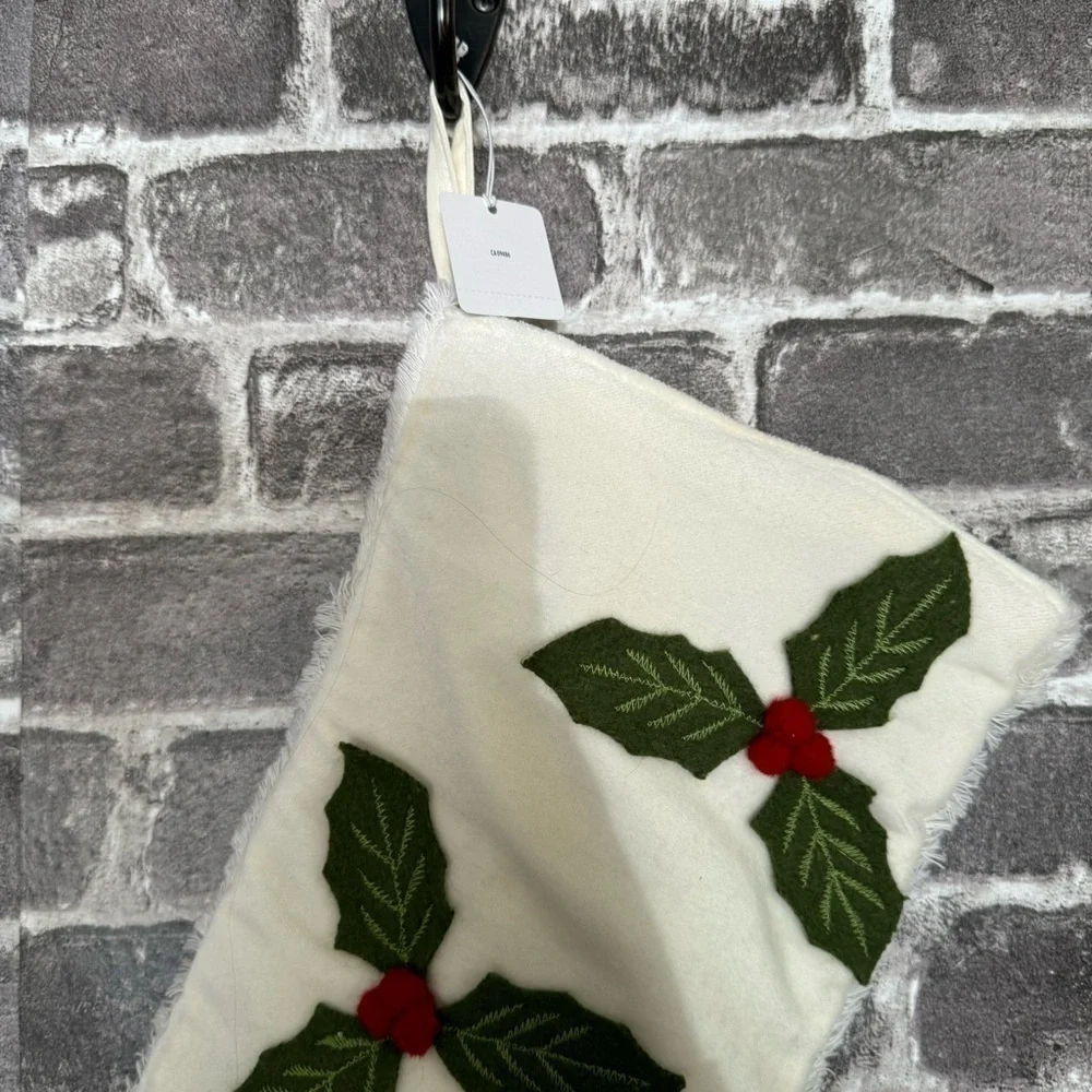 NWT Pier 1 Christmas stocking White green holly leaves